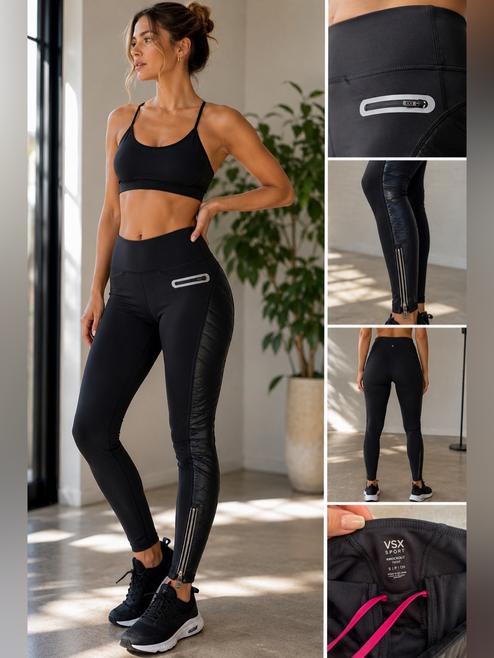Victoria’s Secret VSX Sport Knockout Moto Leggings S Quilted Zip Ankle Black.